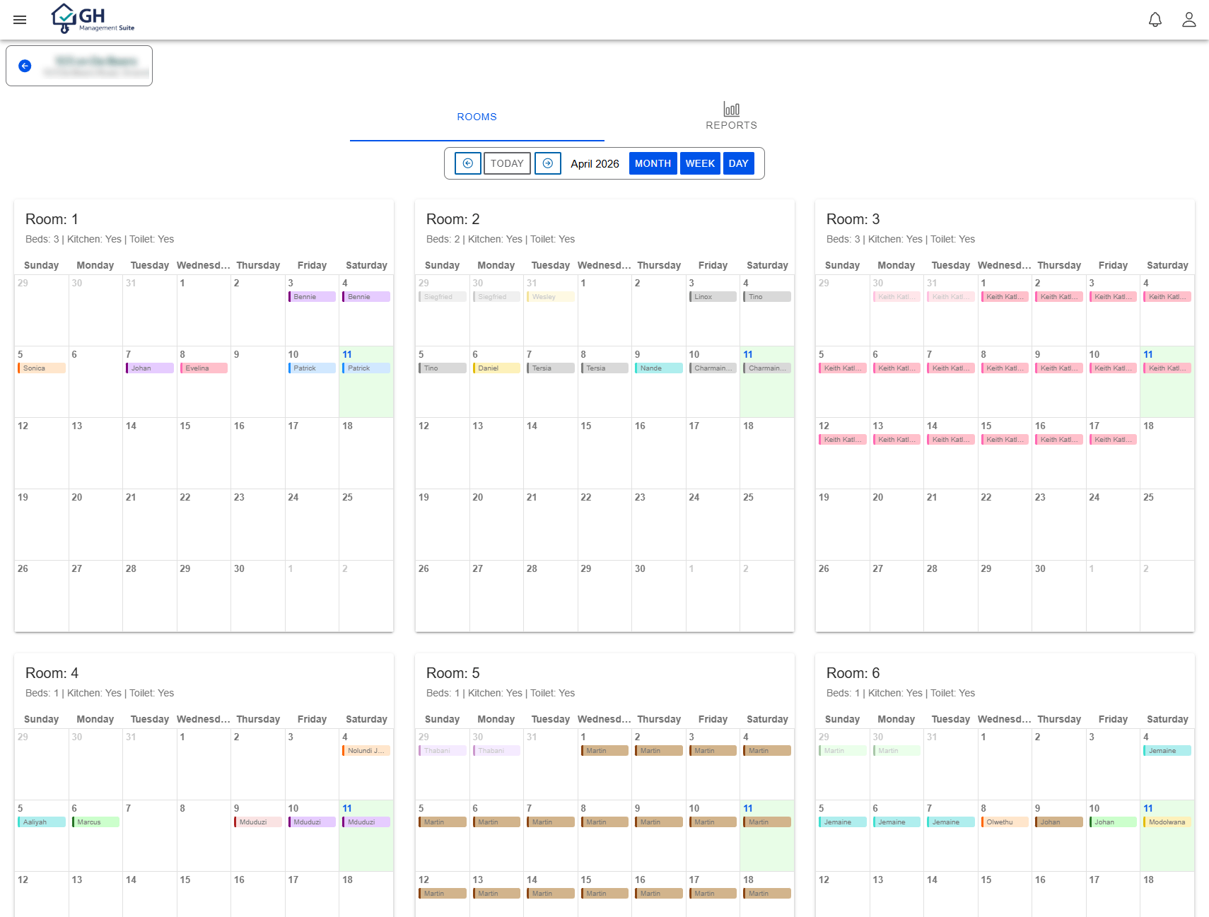GHM Suite room calendar showing bookings across multiple rooms